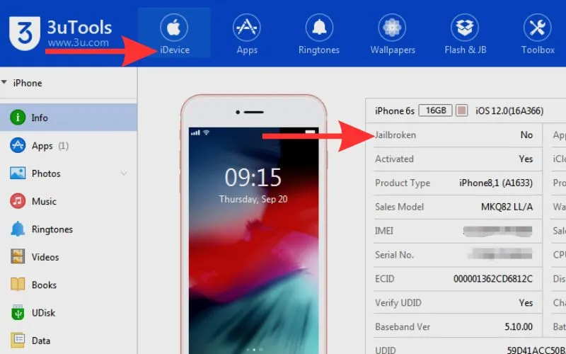 Kiểm tra tại mục Jailbroken trên 3uTools