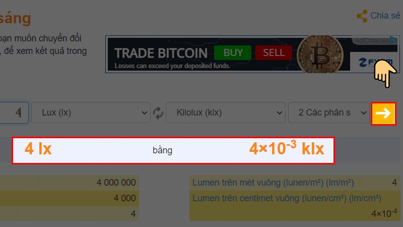 Cách tính đơn vị Lux bằng công cụ Convert World