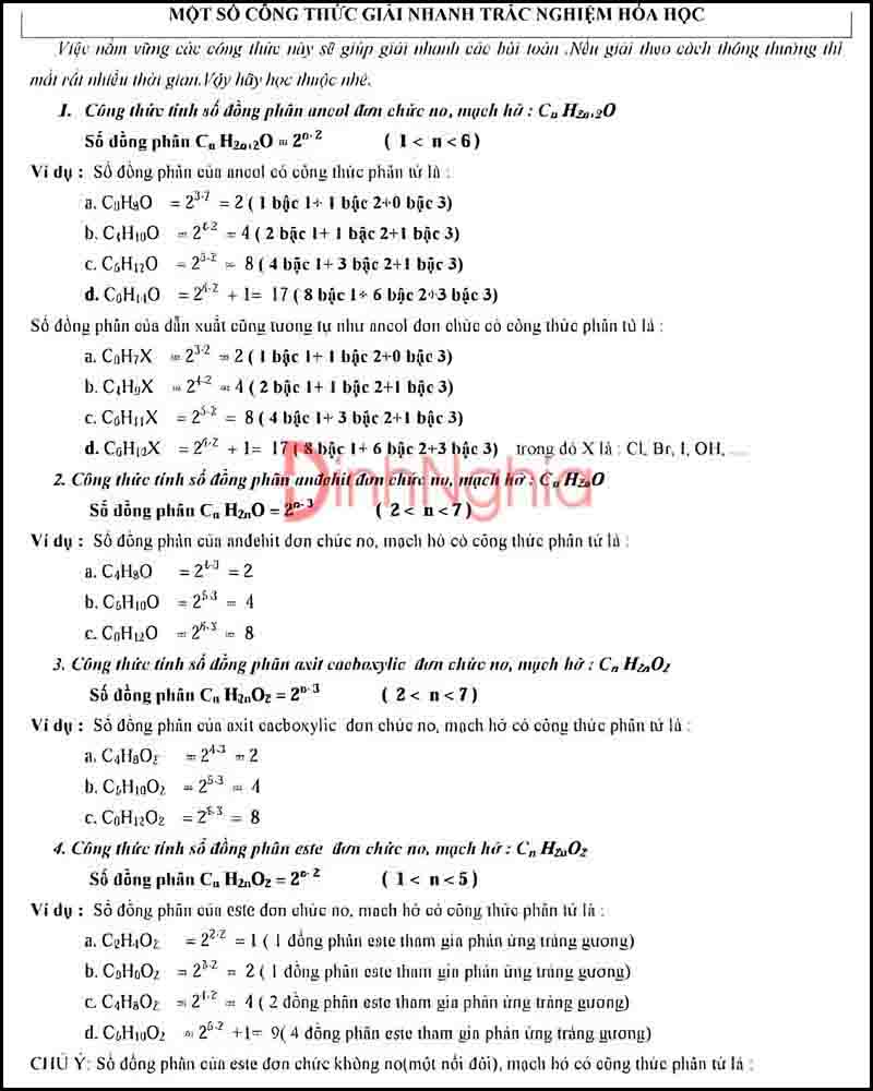 Một số công thức giải nhanh trắc nghiệm hóa học