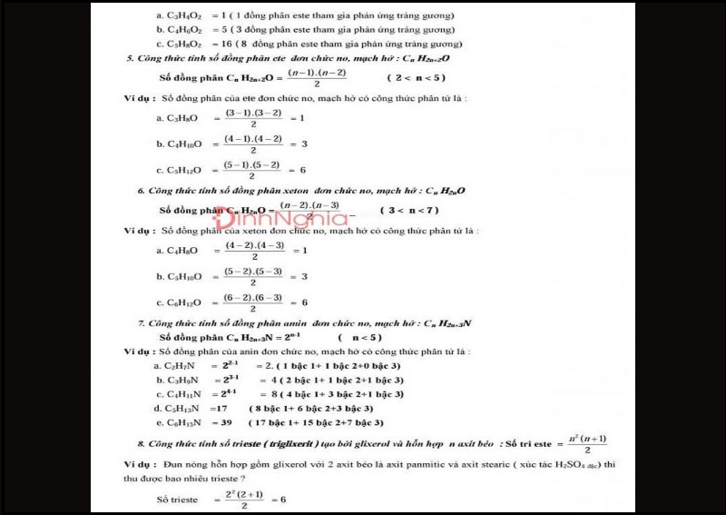 Một số công thức giải nhanh trắc nghiệm hóa học