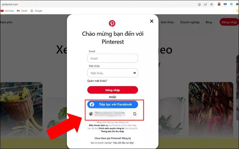 Bạn có thể đăng ký tại trang web Pinterest.com thông qua email hoặc sử dụng tài khoản Facebook/Google hiện có