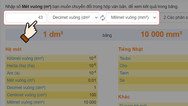 Nhập số lượng muốn chuyển > Chọn đơn vị là Decimet vuông (dm2)