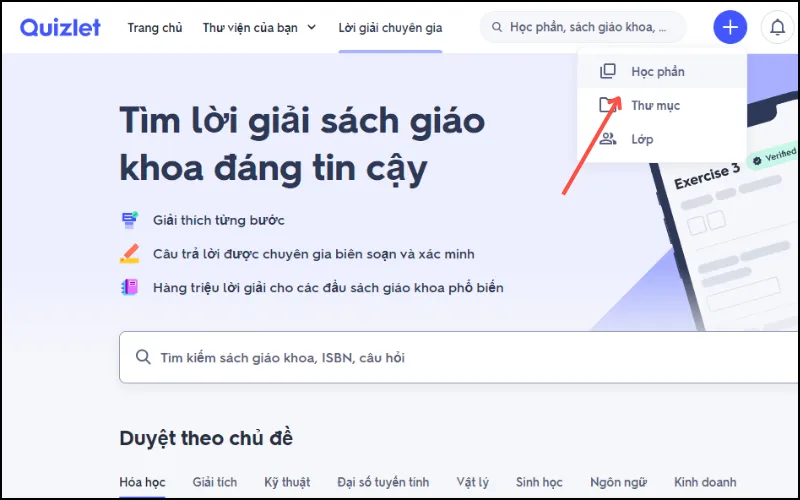 Nhấn vào nút "Tạo" trong trang Quizlet