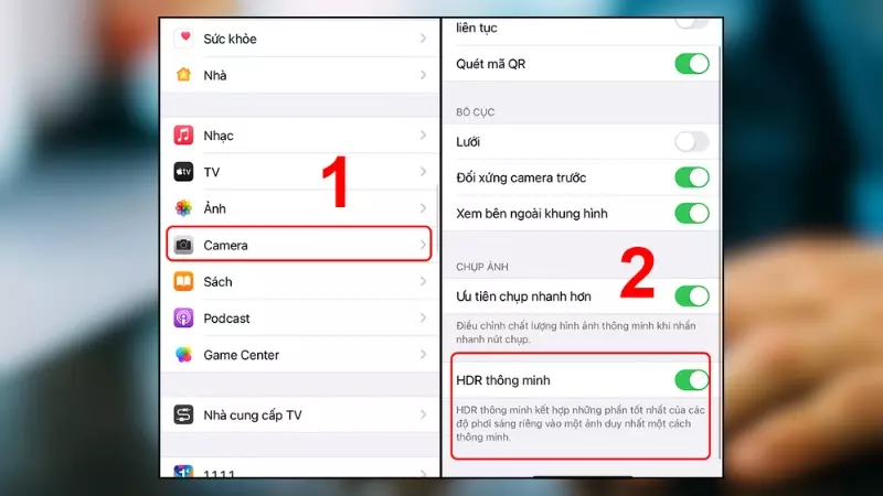 Vào phần cài đặt > Camera > Nhấn vào thánh trượt "HDR thông minh"