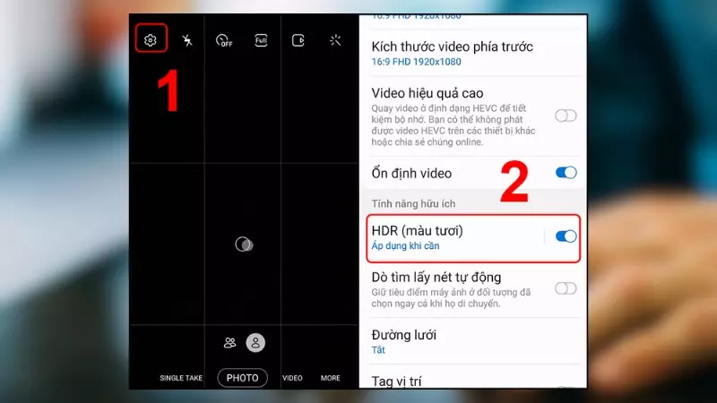 Vào phần máy ảnh của máy > Bấm vào nút cài đặt > Bật "HDR" và thế là bạn đã xong