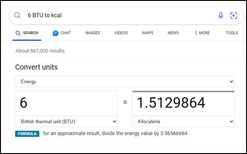 Đổi 6 BTU sang kcal bằng Google