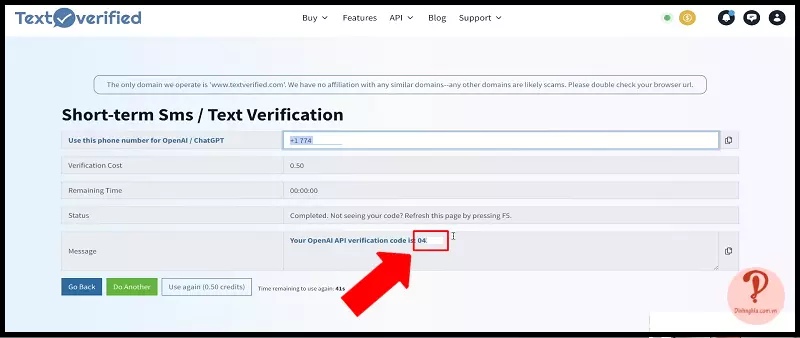 Sao chép mã code ở trên trang Textverified