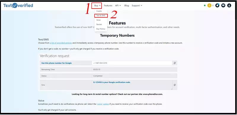 Quay lại trang web Textverified, chọn mục Buy rồi chọn Text & SMS