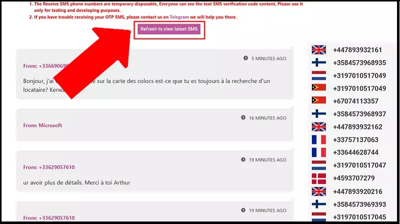 Nhấn Refresh to view latest SMS để lấy mã code mới nhất trên trang