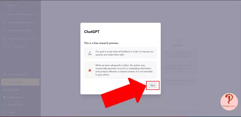 Bấm Next các bảng thông tin của ChatGPT