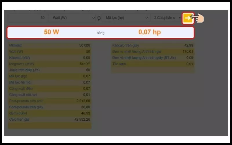 Nhập số lượng muốn chuyển > Chọn đơn vị là Watt (W)