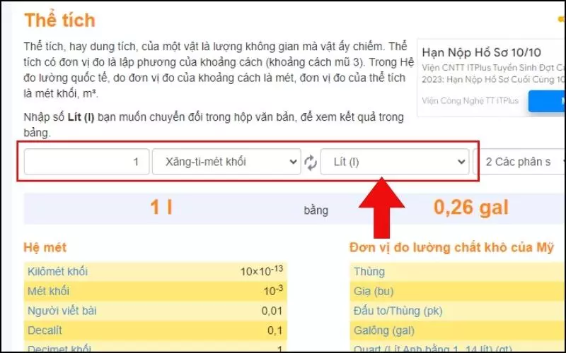 Chọn đơn vị mà mình muốn quy đổi sang