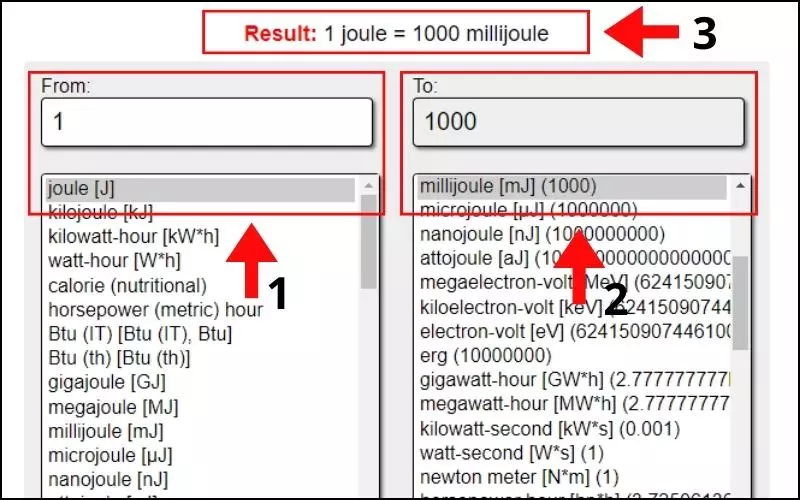 Nhập số lượng muốn chuyển > Chọn đơn vị Milijun (mJ)