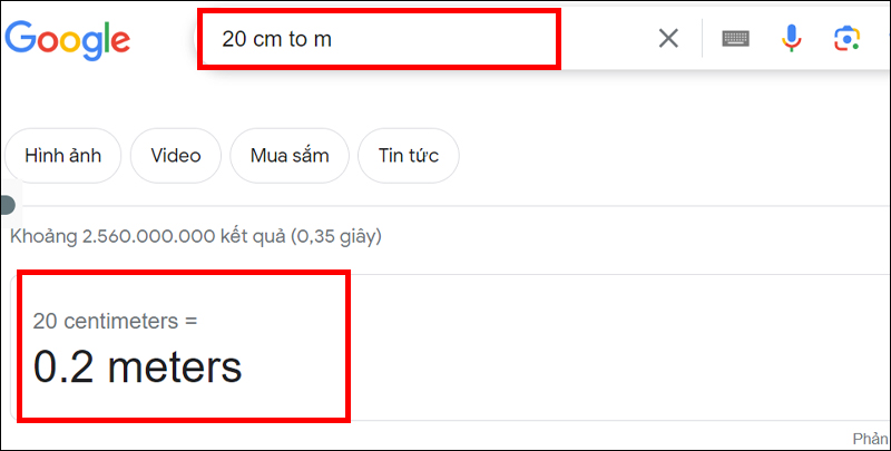 Đổi 20cm sang m bằng Google