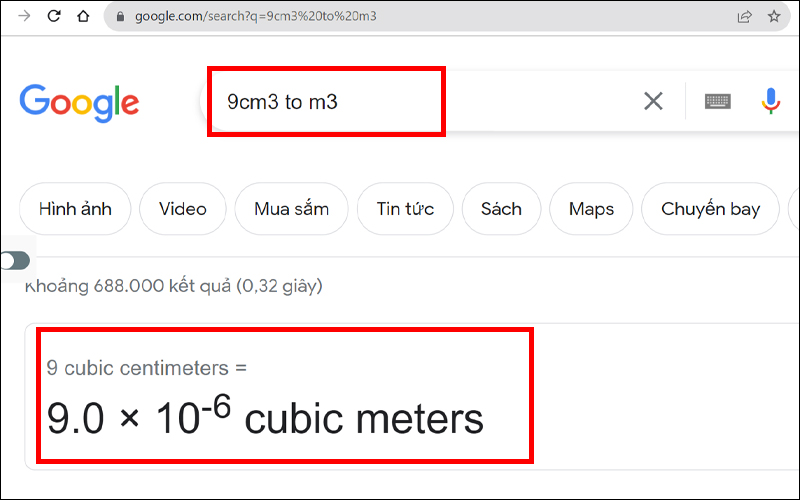 Đổi 9cm3 sang m3 bằng Google