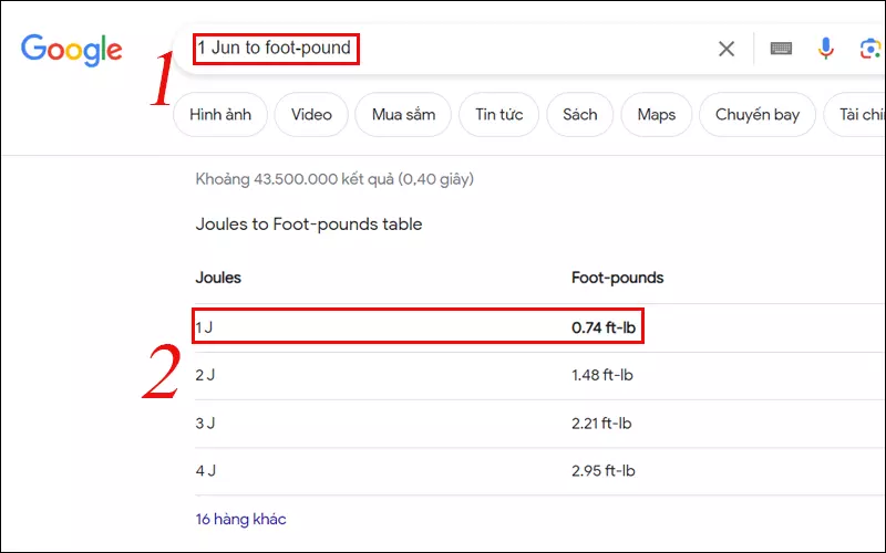 Bạn cần gõ “1 Jun to foot-pound” vào thanh tìm kiếm