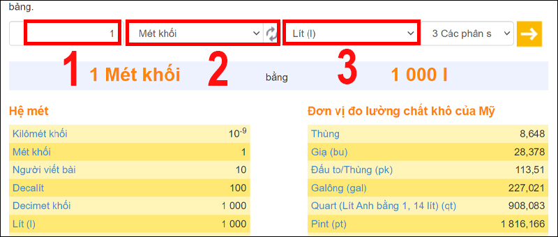 Lần lượt nhập số liệu, chọn đơn vị cần quy đổi và đơn vị muốn quy đổi