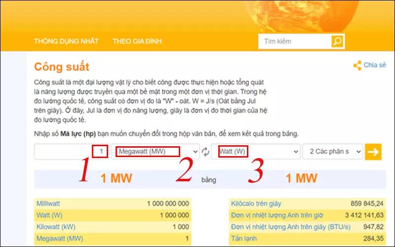 Tiếp theo hãy nhập số đơn vị MW mà bạn muốn đổi sang Watt (W)