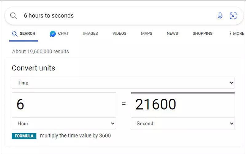 Đổi 6 giờ sang giây bằng Google