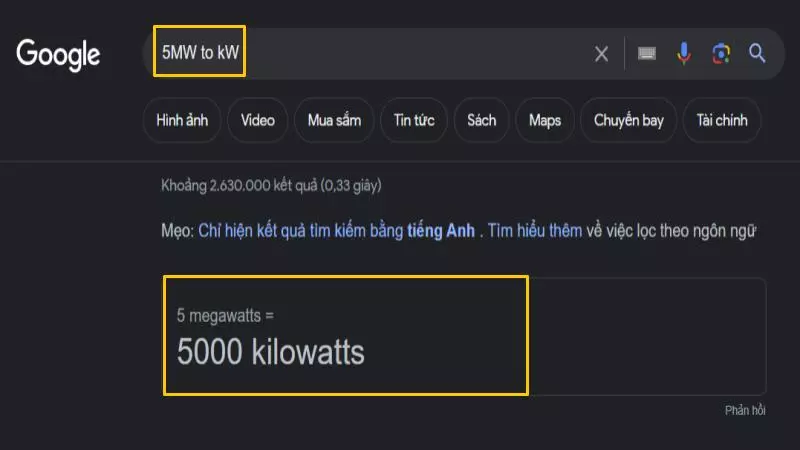 5MW sang kW bằng Google 