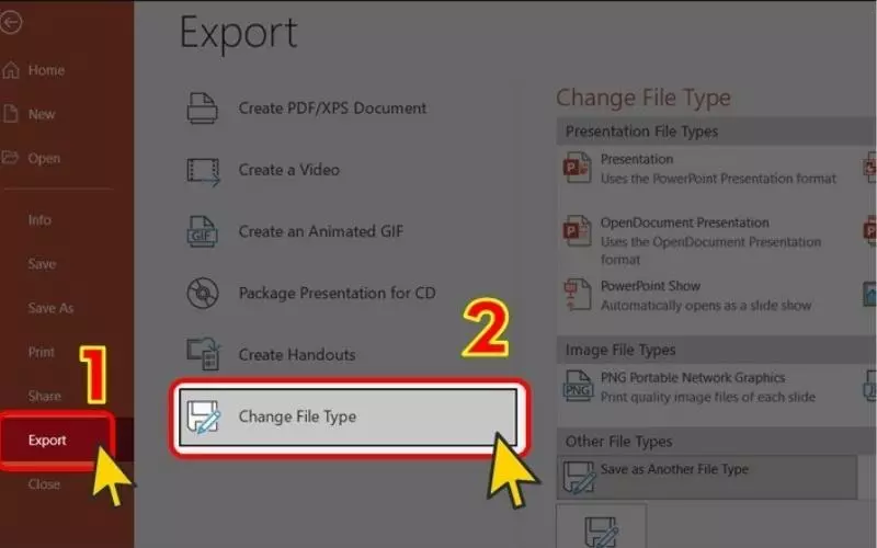 Chọn Export > Chọn Change File Type