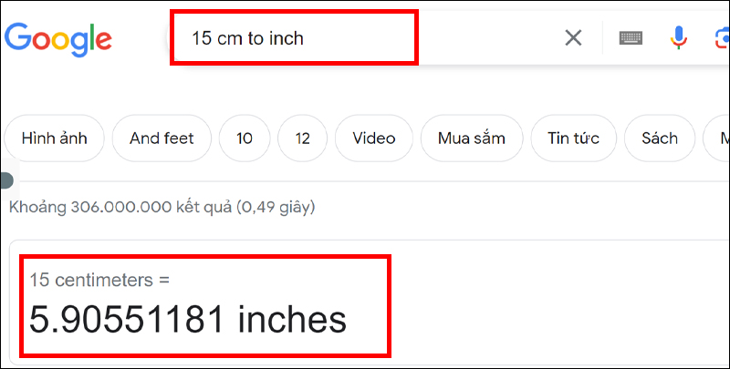 Đổi 15cm sang inch bằng Google