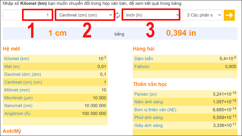 Nhập số lượng và đơn vị bạn muốn chuyển đổi