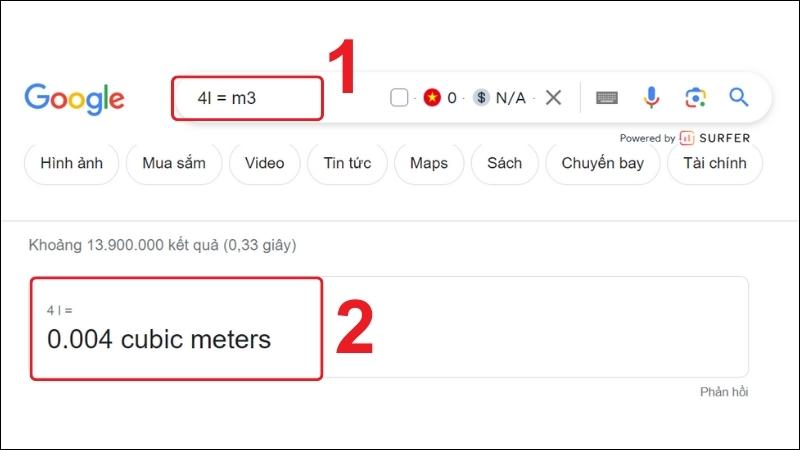 Đổi đơn vị đo thể tích bằng Google