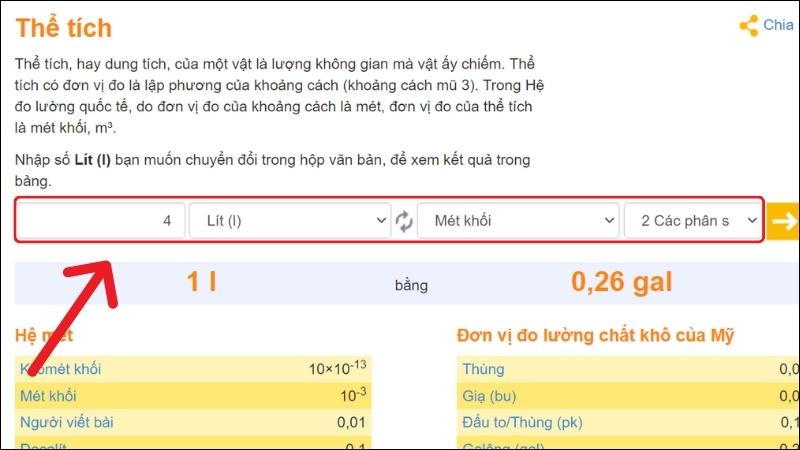 Nhập số lượng và chọn các đơn vị cần quy đổi