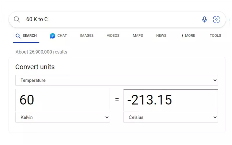 Đổi độ K sang độ C bằng Google