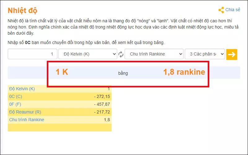 Quy đổi độ K sang chu trình Rankine 