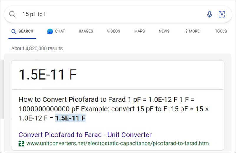 Đổi 15 pF sang F bằng Google
