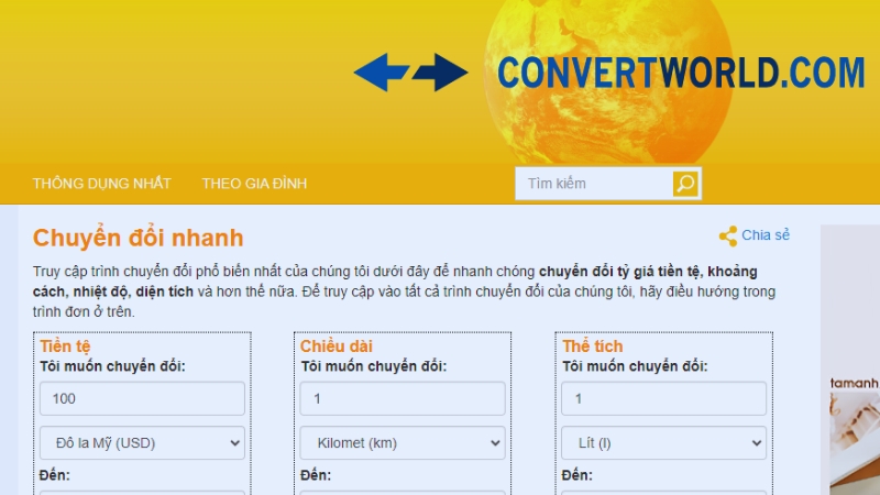 Giao diện của trang web ConvertWorld