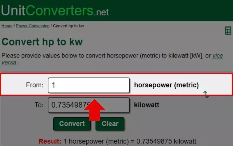 Nhập số đơn vị HP bạn muốn chuyển đổi vào ô horsepower (metric)