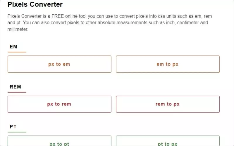 Truy cập vào website Pixels Converter