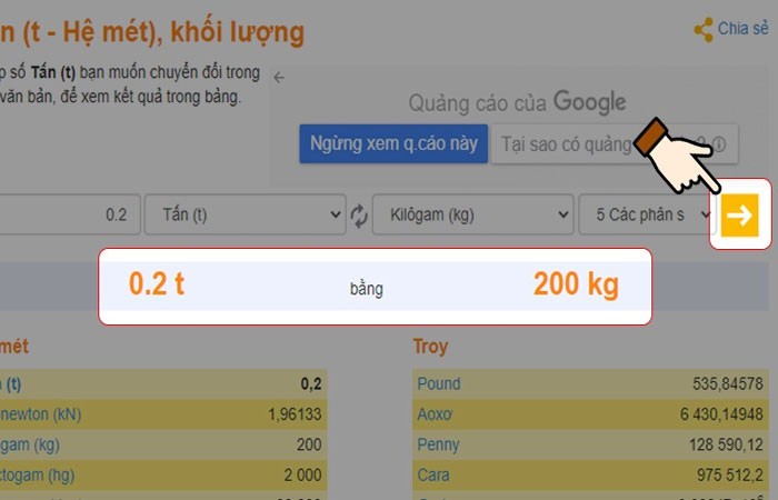 Kết quả quy đổi đơn vị tạ