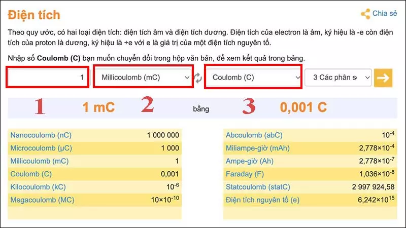 Bạn cần nhập số lượng đơn vị muốn chuyển > Chọn đơn vị là mC > Chọn đơn vị muốn chuyển đổi