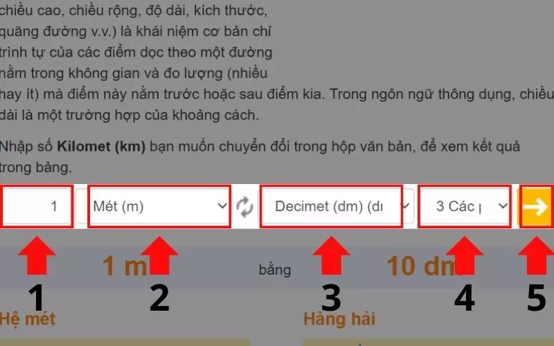 Nhập số đơn vị m bạn muốn chuyển đổi > chọn Metre > chọn đơn vị muốn chuyển đổi thành (Decimetre)