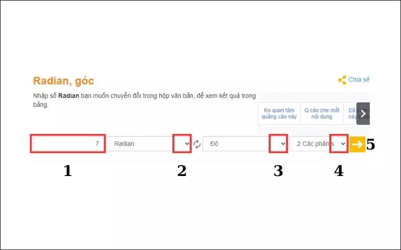 Nhập số radian cần chuyển đổi > chọn đơn vị là radian > chọn đơn vị muốn chuyển đổi sang (độ)