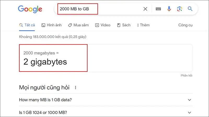 Đổi 2000 MB sang GB bằng Google