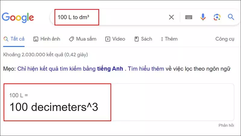 Đổi L sang dm³ bằng Google 