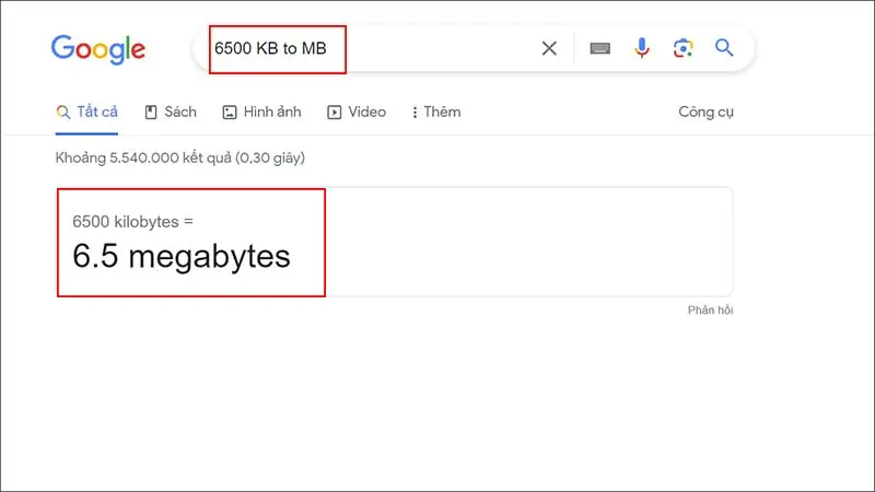 Quy đổi KB sang MB bằng Google 