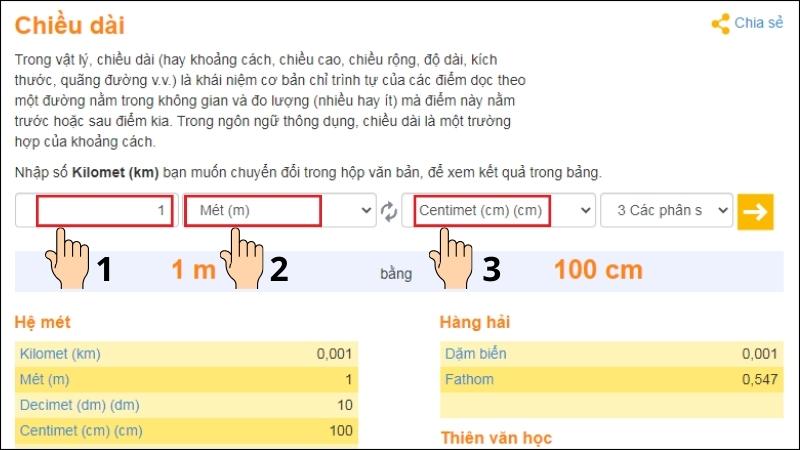 Nhập số lượng m muốn đổi sang cm