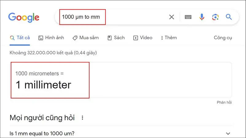 Đổi micromet sang mm bằng Google 