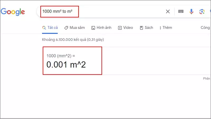 Quy đổi mm² sang m² bằng Google