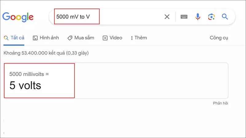 Chuyển đổi mV sang V bằng Google