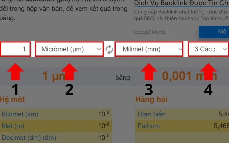 Nhập số lượng muốn chuyển > Chọn đơn vị là Micrômét (µm) > Chọn đơn vị muốn chuyển đổi