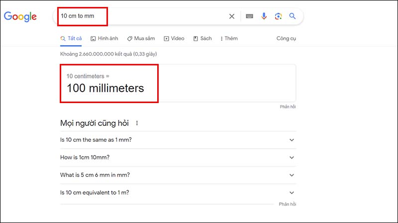 Chuyển đổi cm sang mm bằng Google