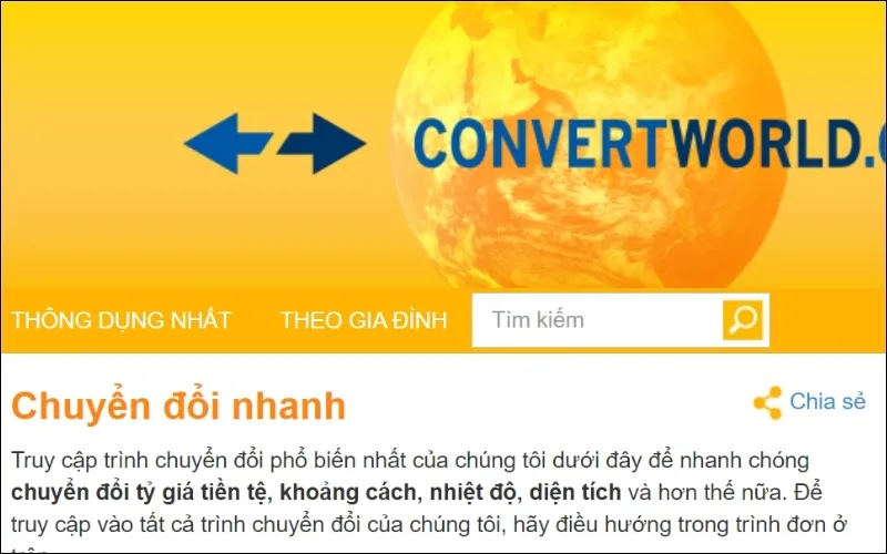 Truy cập vào công cụ chuyển đổi đơn vị Convert World