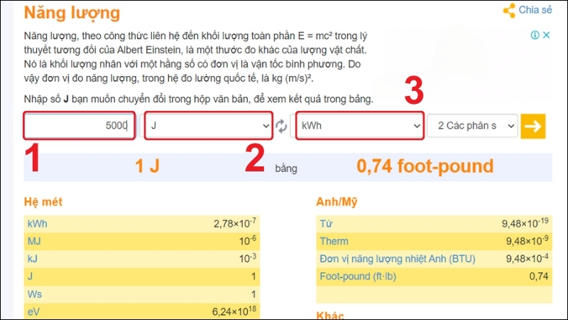 Nhập số lượng muốn chuyển và chọn các đơn vị chuyển đổi